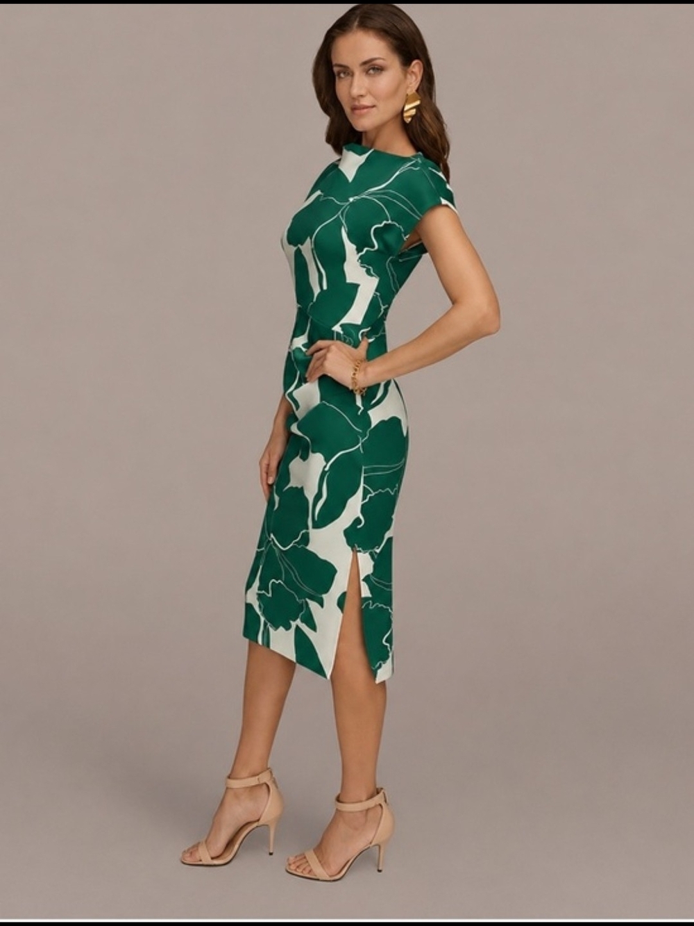 Donna Karan Green & White Botanical Sheath Midi Dress - Picture 4 of 5